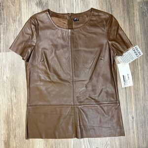 Dark Academia Hazel Brown Leather Short Sleeve Edgy Luxury Top NWT Size 38 S